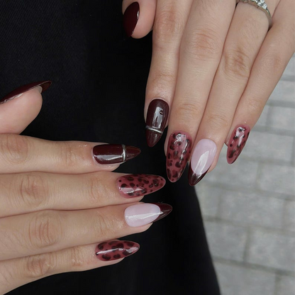Burgundy Press On Nails with Leopard Print | Dark Red French Tip Fake Nails | Handmade Animal Print Nails for Fall, Party | OB508UC
