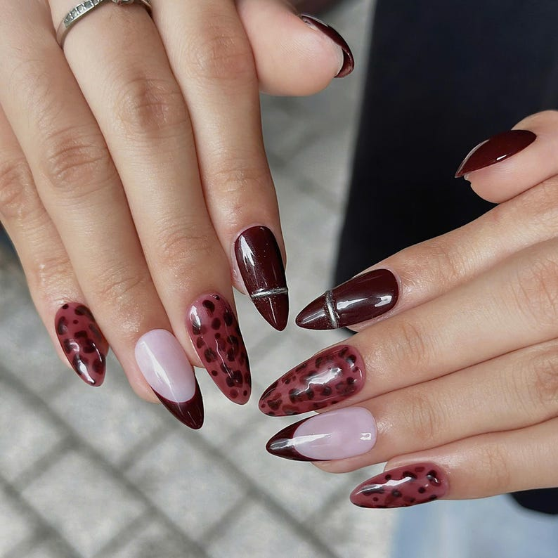 Burgundy Press On Nails with Leopard Print | Dark Red French Tip Fake Nails | Handmade Animal Print Nails for Fall, Party | OB508UC