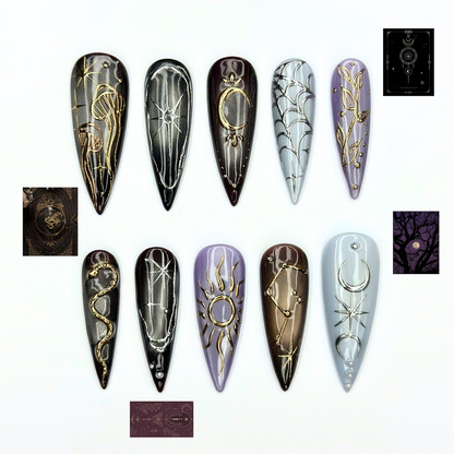 Burgundy Press On Nails with Silver Chrome Art | Dark Romantic Metallic Design | Long Stiletto Nails | OB551UI