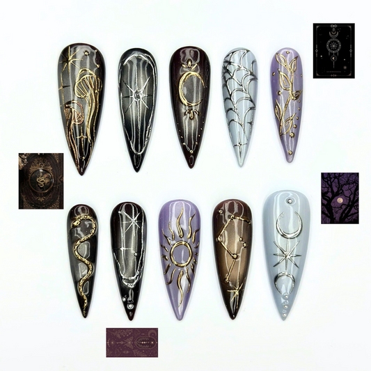 Burgundy Press On Nails with Silver Chrome Art | Dark Romantic Metallic Design | Long Stiletto Nails | OB551UI