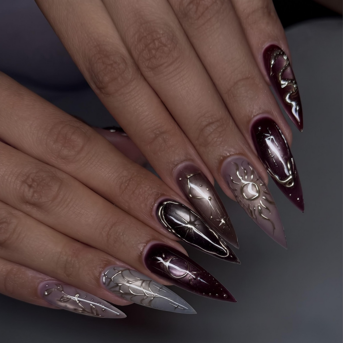 Burgundy Press On Nails with Silver Chrome Art | Dark Romantic Metallic Design | Long Stiletto Nails | OB551UI