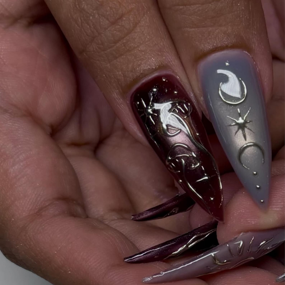 Burgundy Press On Nails with Silver Chrome Art | Dark Romantic Metallic Design | Long Stiletto Nails | OB551UI