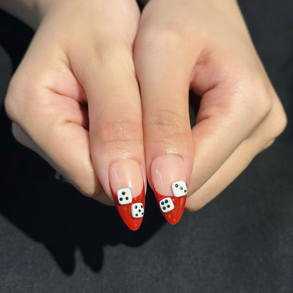 Casino Press On Nails with Dice & Poker Cards | Chrome Red Fake Nails in Almond Shape | Handmade Nail Art for Party, Concert | OB471UC