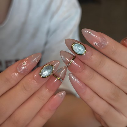 Celestial Press On Nails with Gemstone Charm | Nude Crystal Fake Nails in Almond Shape | Handmade Star Nail Art for Women | OB515UA