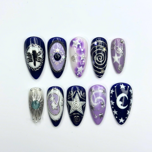 Celestial Press On Nails with Moon and Stars | Mystical Purple Silver 3D Nail Art | Handmade Almond Fake Nails for Cosmic Style | OB516UI