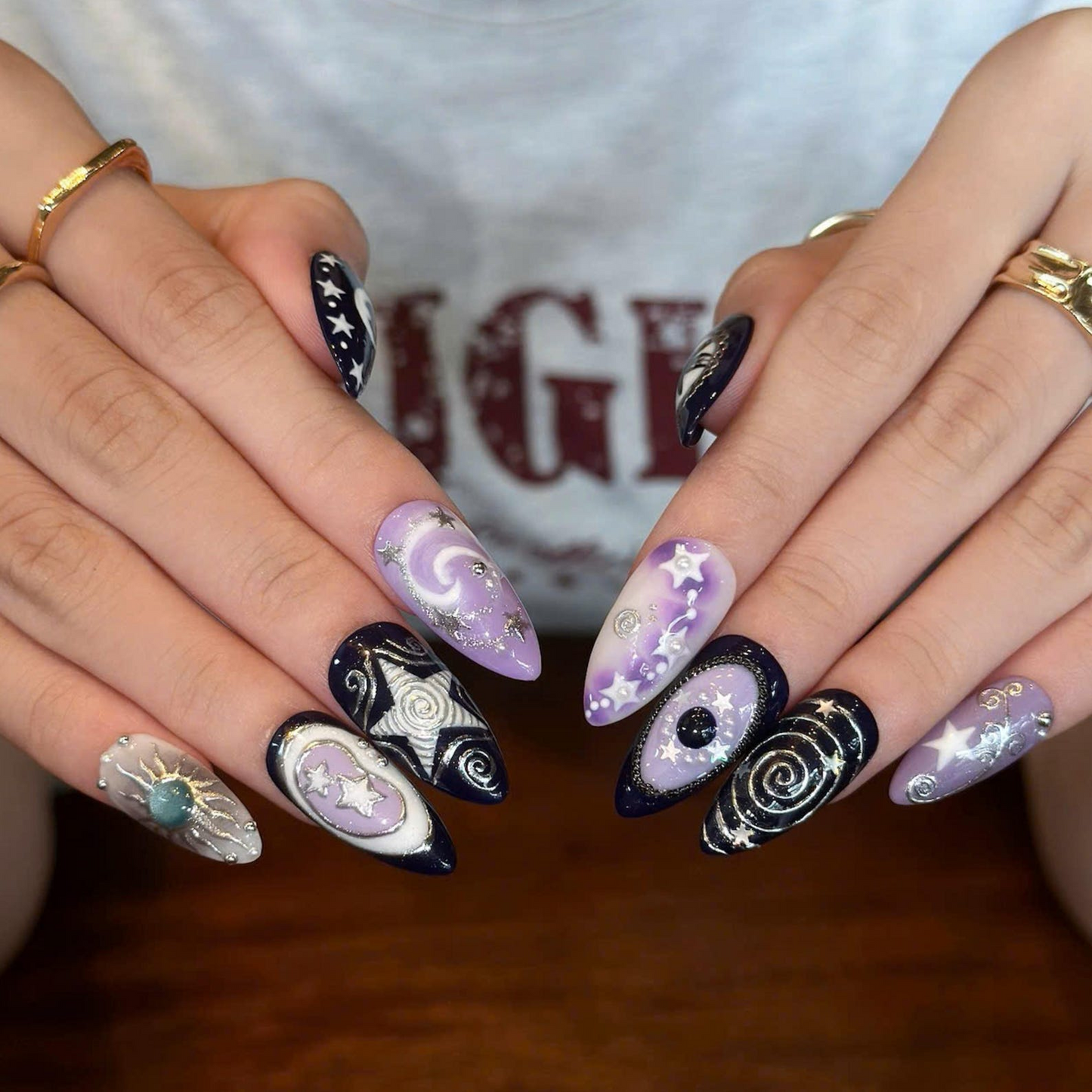 Celestial Press On Nails with Moon and Stars | Mystical Purple Silver 3D Nail Art | Handmade Almond Fake Nails for Cosmic Style | OB516UI