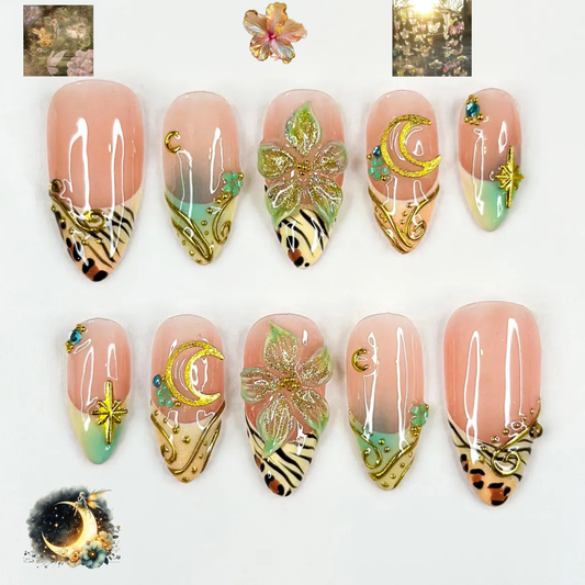 Gold Leopard Press On Nails for Luxury Party | Moon Star Luxury Nails | Nude Fantasy Nail Art | Glam Night Press Ons | JC298HK