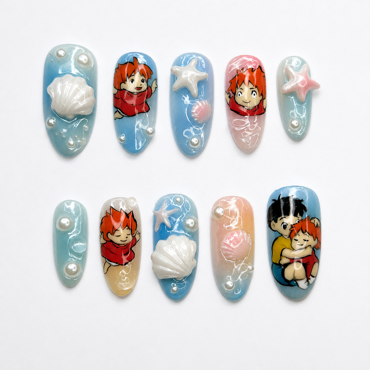 Ocean Anime Press On Nails • Cute Summer Beach Gift • Hand Painted Red Hair Girl 3D Seashell Starfish Fake Nails | OA001LG