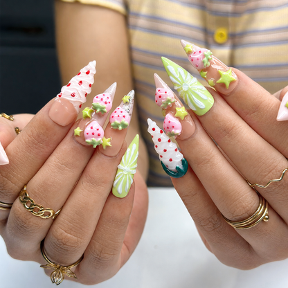 Kawaii Strawberry Press On Nails | Handmade Fruit Nails, Green Bow Nails, Y2K Cute Nails, Salon Quality Reusable Nailsr | OB432LG