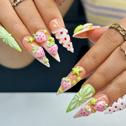 Kawaii Strawberry Press On Nails | Handmade Fruit Nails, Green Bow Nails, Y2K Cute Nails, Salon Quality Reusable Nailsr | OB432LG
