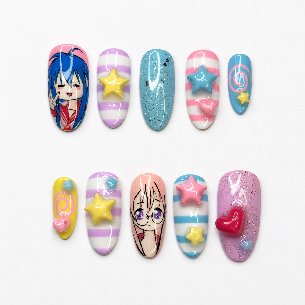 Kawaii Anime Press On Nails • Cute Pastel Gift for Her • Hand Painted Cartoon Star Heart Glitter Fake Nails | OA002LG