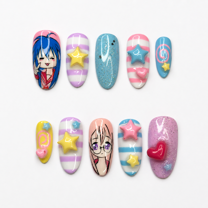 Kawaii Anime Press On Nails • Cute Pastel Gift for Her • Hand Painted Cartoon Star Heart Glitter Fake Nails | OA002LG