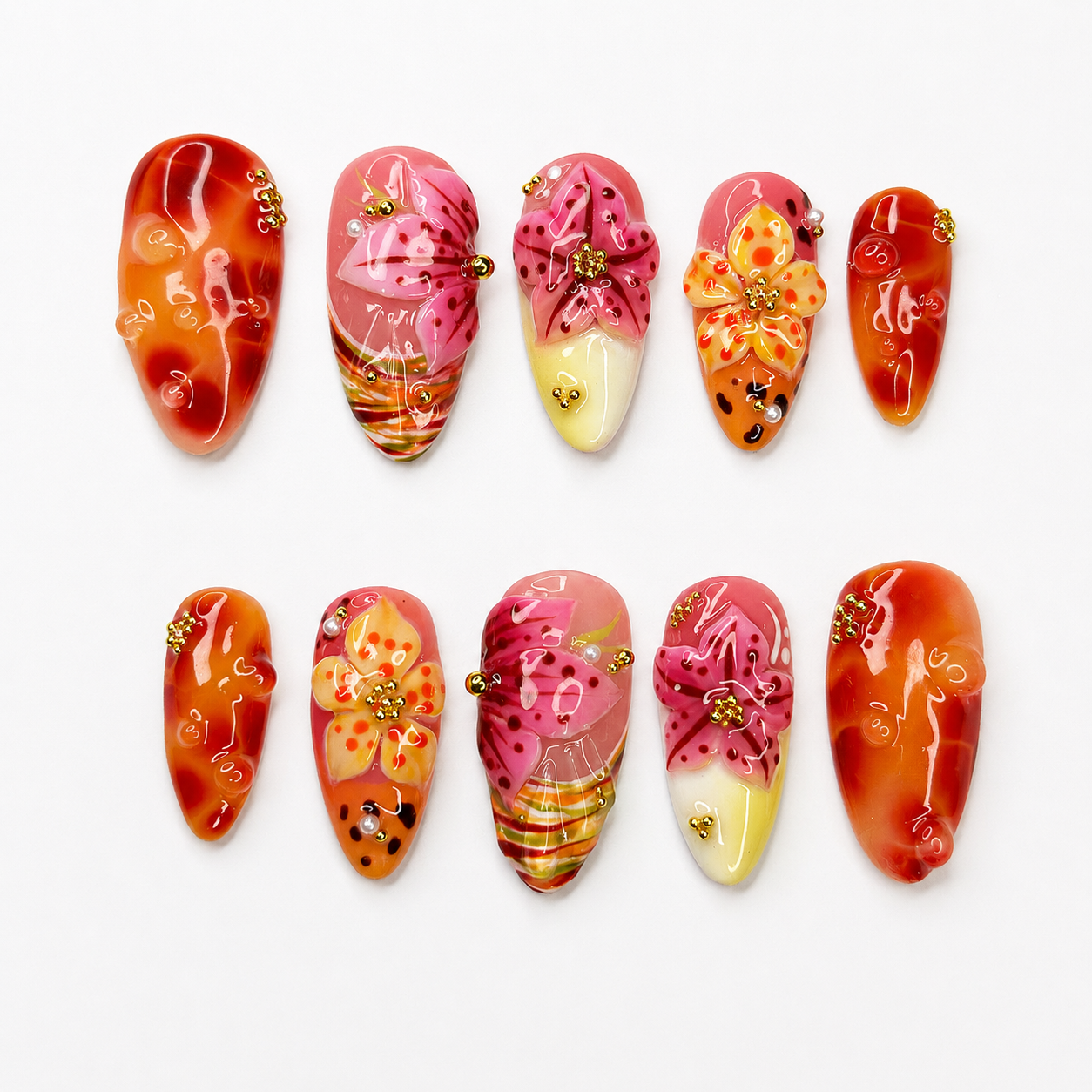 Tropical Press On Nails Almond • Summer Vacation Gift • Orange Pink 3D Hibiscus Flower Sunset Handmade Fake Nails Beach Set OB427LG