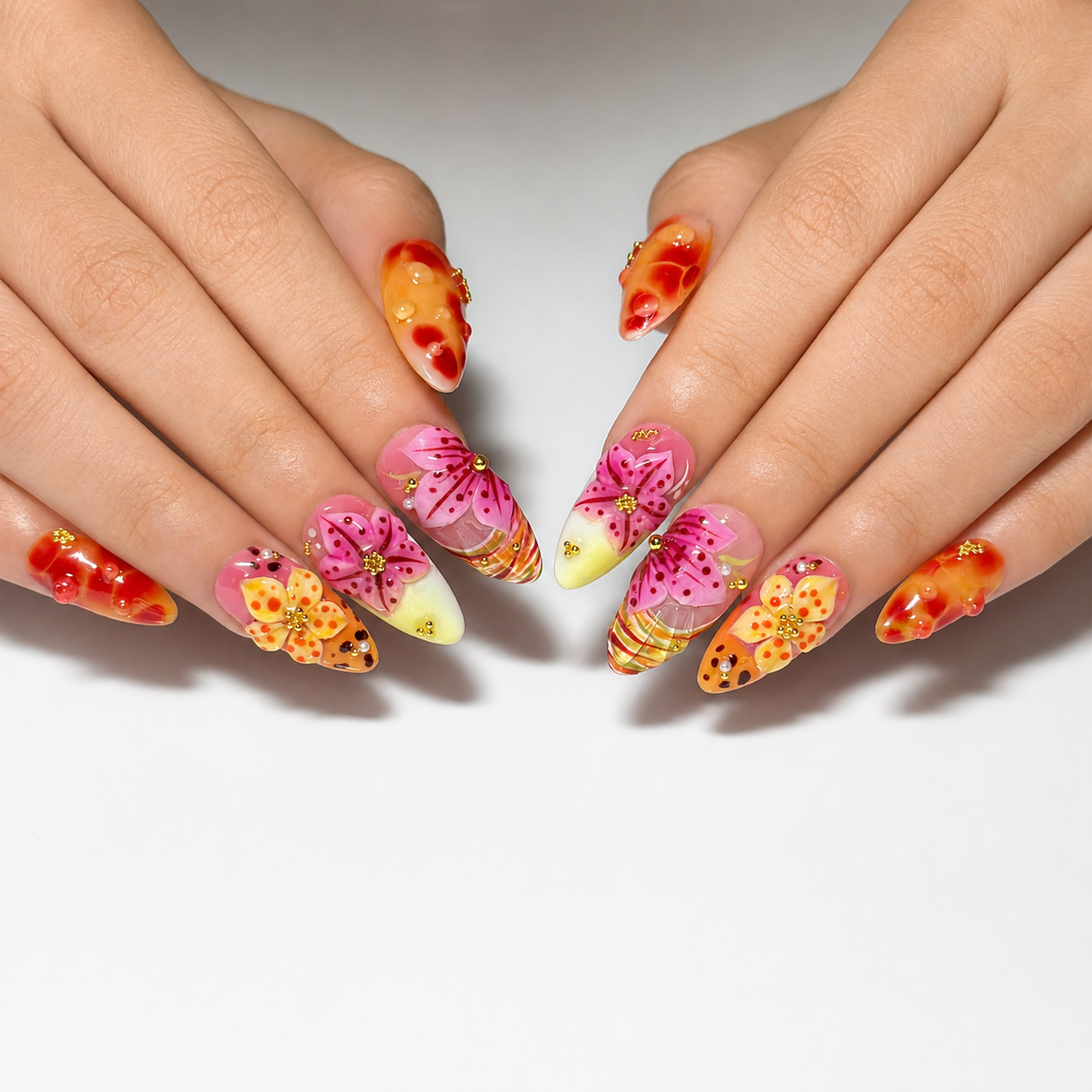 Tropical Press On Nails Almond • Summer Vacation Gift • Orange Pink 3D Hibiscus Flower Sunset Handmade Fake Nails Beach Set OB427LG