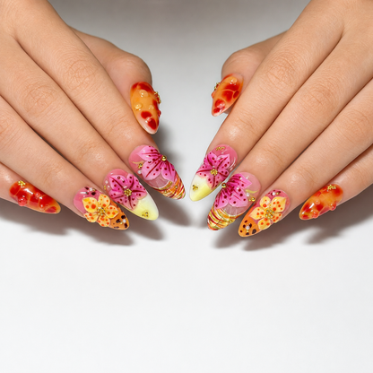Tropical Press On Nails Almond • Summer Vacation Gift • Orange Pink 3D Hibiscus Flower Sunset Handmade Fake Nails Beach Set OB427LG
