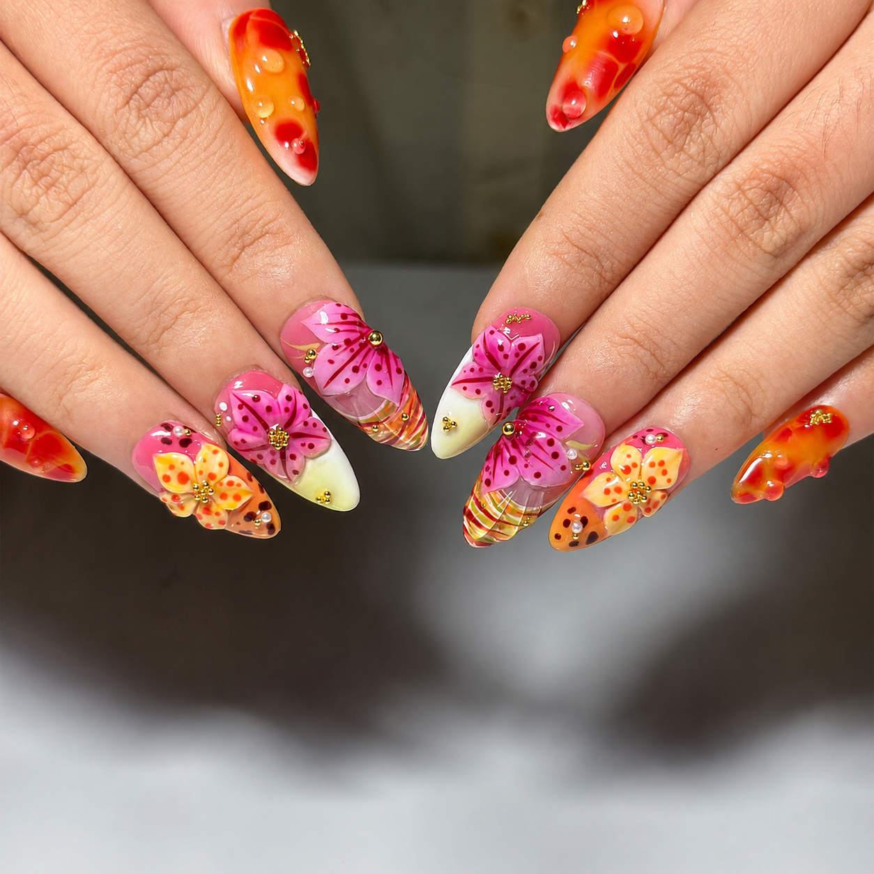 Tropical Press On Nails Almond • Summer Vacation Gift • Orange Pink 3D Hibiscus Flower Sunset Handmade Fake Nails Beach Set OB427LG