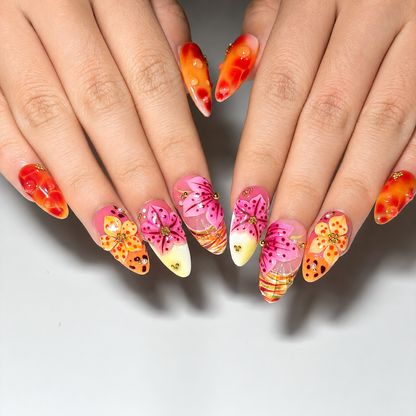 Tropical Press On Nails Almond • Summer Vacation Gift • Orange Pink 3D Hibiscus Flower Sunset Handmade Fake Nails Beach Set OB427LG