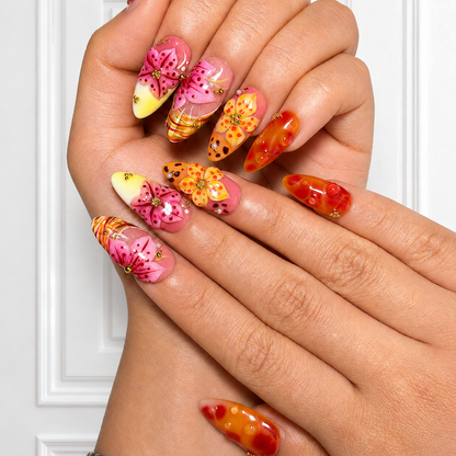 Tropical Press On Nails Almond • Summer Vacation Gift • Orange Pink 3D Hibiscus Flower Sunset Handmade Fake Nails Beach Set OB427LG