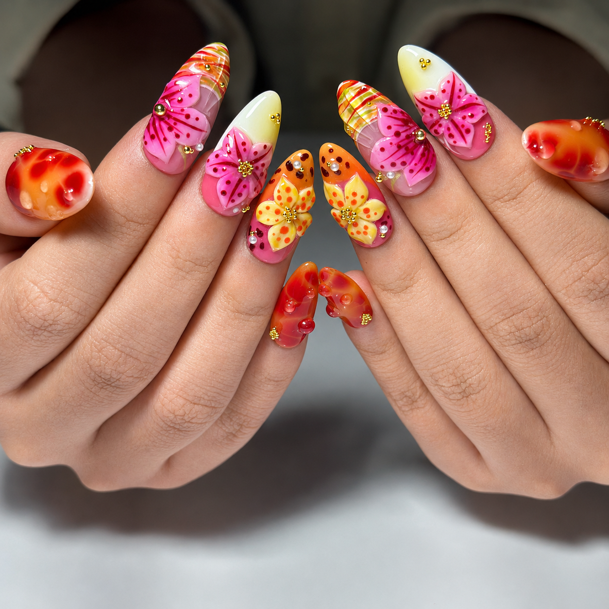 Tropical Press On Nails Almond • Summer Vacation Gift • Orange Pink 3D Hibiscus Flower Sunset Handmade Fake Nails Beach Set OB427LG