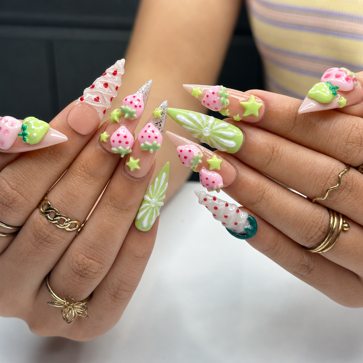 Kawaii Strawberry Press On Nails | Handmade Fruit Nails, Green Bow Nails, Y2K Cute Nails, Salon Quality Reusable Nailsr | OB432LG