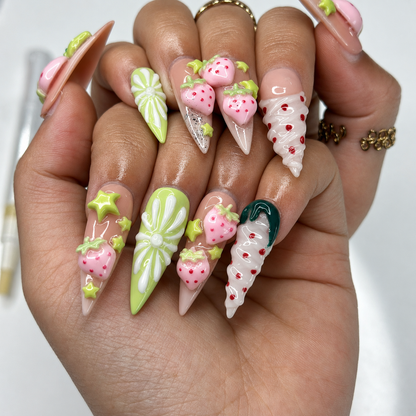 Kawaii Strawberry Press On Nails | Handmade Fruit Nails, Green Bow Nails, Y2K Cute Nails, Salon Quality Reusable Nailsr | OB432LG