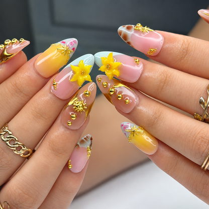 Luxury Tropical Press On Nails | Handmade Floral Beach Nails, Gold Chrome Nail Art, Resort Ready Gift for Her | OB11LG