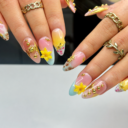 Luxury Tropical Press On Nails | Handmade Floral Beach Nails, Gold Chrome Nail Art, Resort Ready Gift for Her | OB11LG