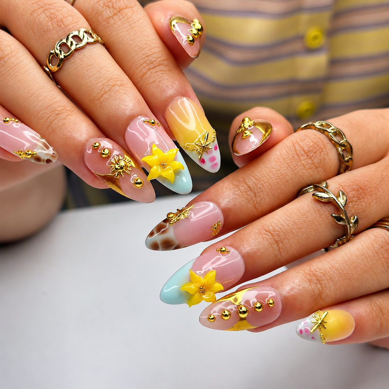 Luxury Tropical Press On Nails | Handmade Floral Beach Nails, Gold Chrome Nail Art, Resort Ready Gift for Her | OB11LG