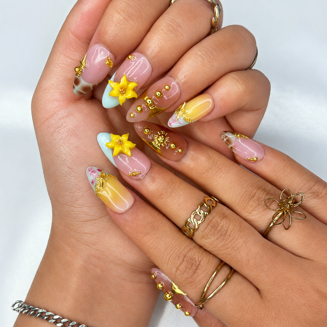 Luxury Tropical Press On Nails | Handmade Floral Beach Nails, Gold Chrome Nail Art, Resort Ready Gift for Her | OB11LG