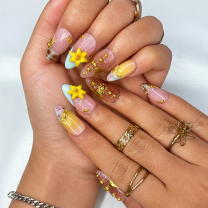 Luxury Tropical Press On Nails | Handmade Floral Beach Nails, Gold Chrome Nail Art, Resort Ready Gift for Her | OB11LG
