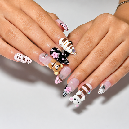 Teddy Bear Press On Nails Almond • Pink Black Kawaii 3D Bear Flower Music Note Fake Nails • Cute Birthday Gift for Her| OB430LC