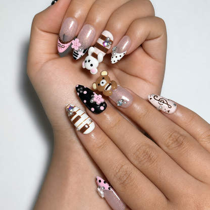 Teddy Bear Press On Nails Almond • Pink Black Kawaii 3D Bear Flower Music Note Fake Nails • Cute Birthday Gift for Her| OB430LC