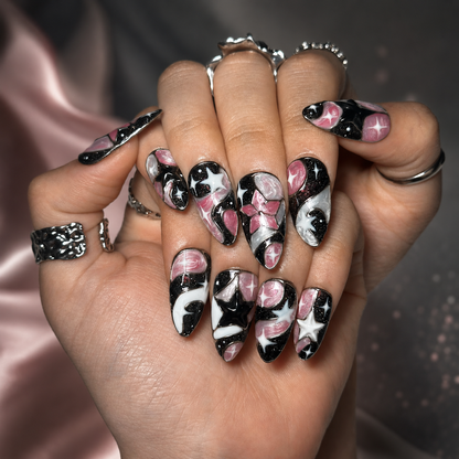 Celestial Press On Nails Almond • Birthday Gift for Her • Pink Black 3D Star Moon Galaxy Handmade Fake Nails Romantic Dark Style| OB425LC