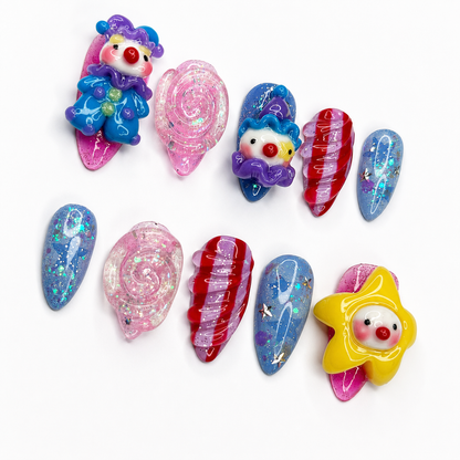 Clown Press On Nails Almond • Pink Blue Kawaii 3D Clown Star Candy Swirl Glitter Fake Nails • Cute Birthday Gift for Her | OA431LC