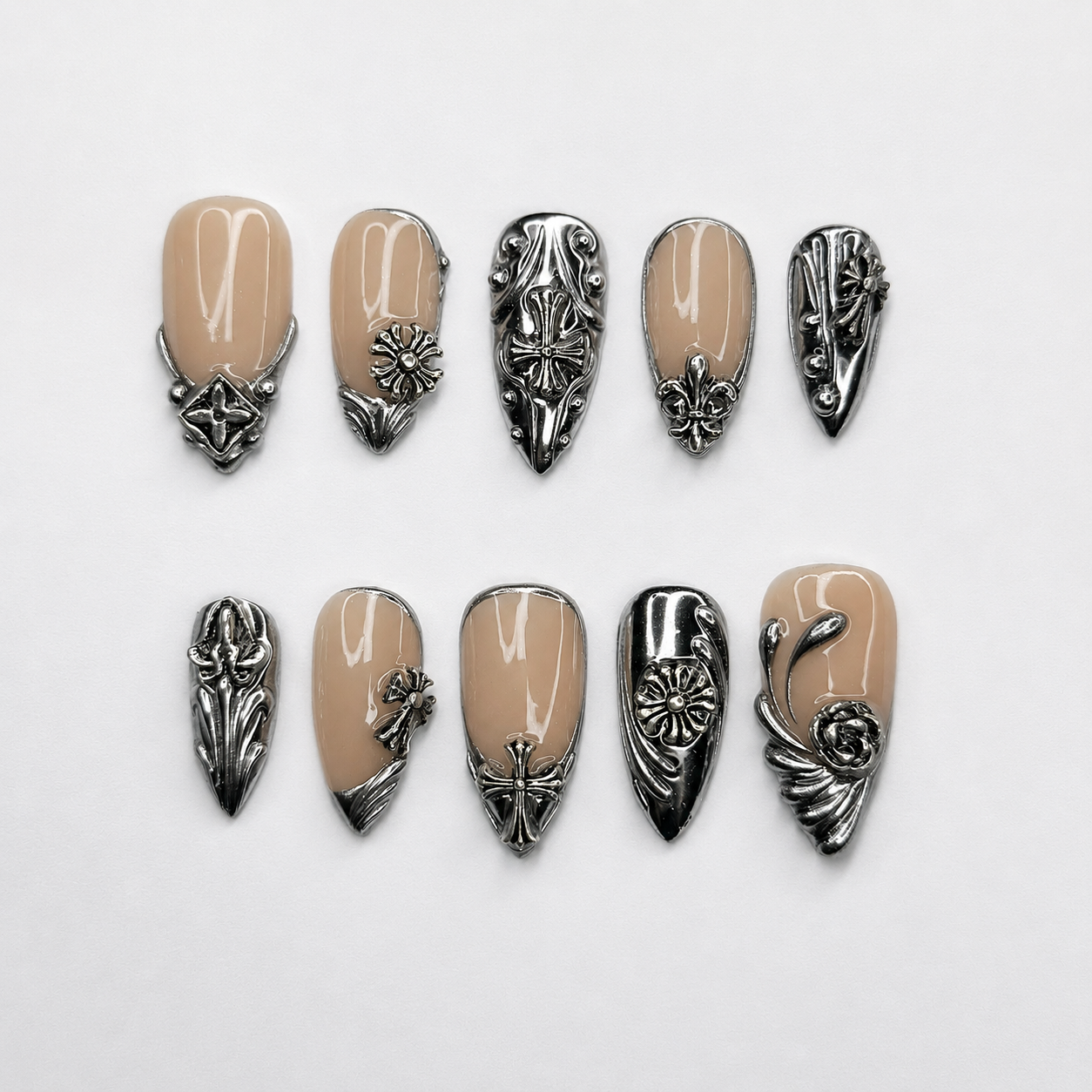 Gothic Press On Nails Almond • Statement Gift for Her • Silver Chrome Cross Fleur De Lis Handmade Fake Nails Luxury Style | OB426LC