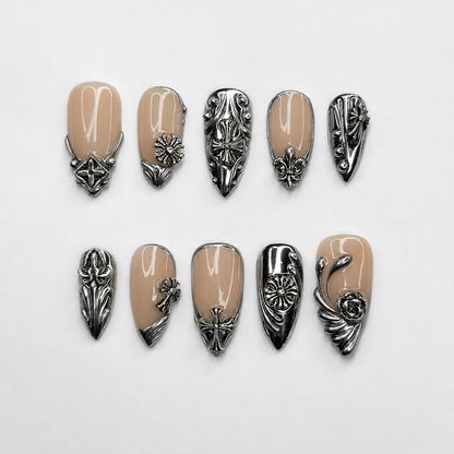 Gothic Press On Nails Almond • Statement Gift for Her • Silver Chrome Cross Fleur De Lis Handmade Fake Nails Luxury Style | OB426LC
