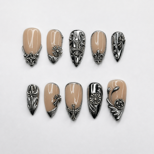 Gothic Press On Nails Almond • Statement Gift for Her • Silver Chrome Cross Fleur De Lis Handmade Fake Nails Luxury Style | OB426LC