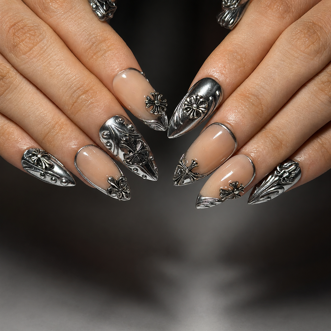 Gothic Press On Nails Almond • Statement Gift for Her • Silver Chrome Cross Fleur De Lis Handmade Fake Nails Luxury Style | OB426LC