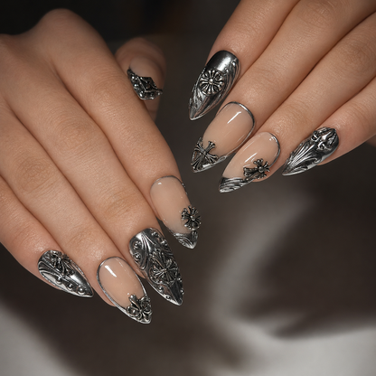 Gothic Press On Nails Almond • Statement Gift for Her • Silver Chrome Cross Fleur De Lis Handmade Fake Nails Luxury Style | OB426LC
