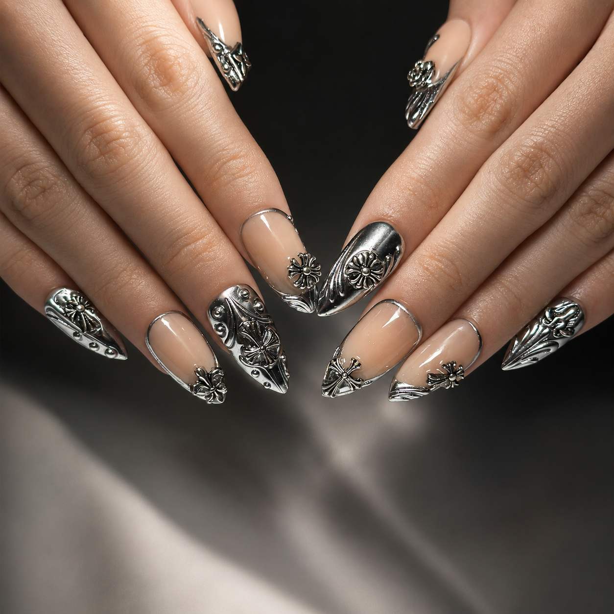 Gothic Press On Nails Almond • Statement Gift for Her • Silver Chrome Cross Fleur De Lis Handmade Fake Nails Luxury Style | OB426LC