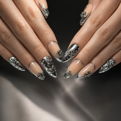 Gothic Press On Nails Almond • Statement Gift for Her • Silver Chrome Cross Fleur De Lis Handmade Fake Nails Luxury Style | OB426LC
