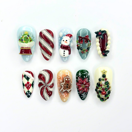 Christmas 3D Holiday Press On Nails | Cute Snowman Gingerbread & Christmas Tree Art | Winter Nail Design | Handmade Almond Nails | OB714UI