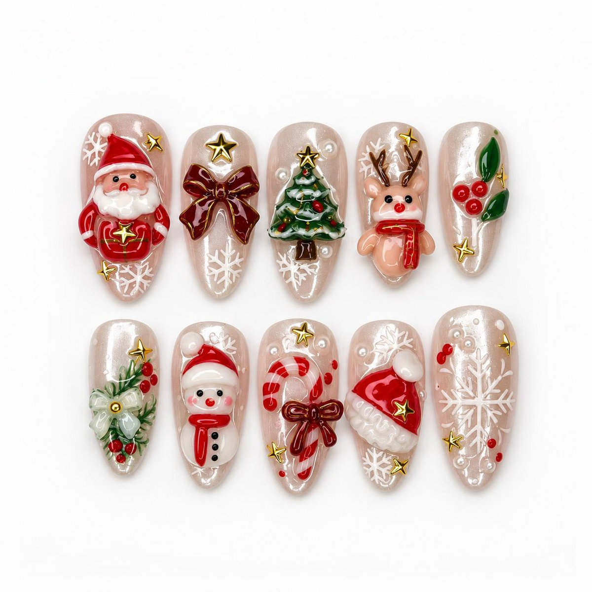 Christmas Press On Nails, 3D Holiday Nails, Santa Snowman Reindeer Nail Art, Long Almond Nails, Cute Handmade Winter Manicure | OB711XT