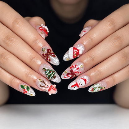 Christmas Press On Nails, 3D Holiday Nails, Santa Snowman Reindeer Nail Art, Long Almond Nails, Cute Handmade Winter Manicure | OB711XT