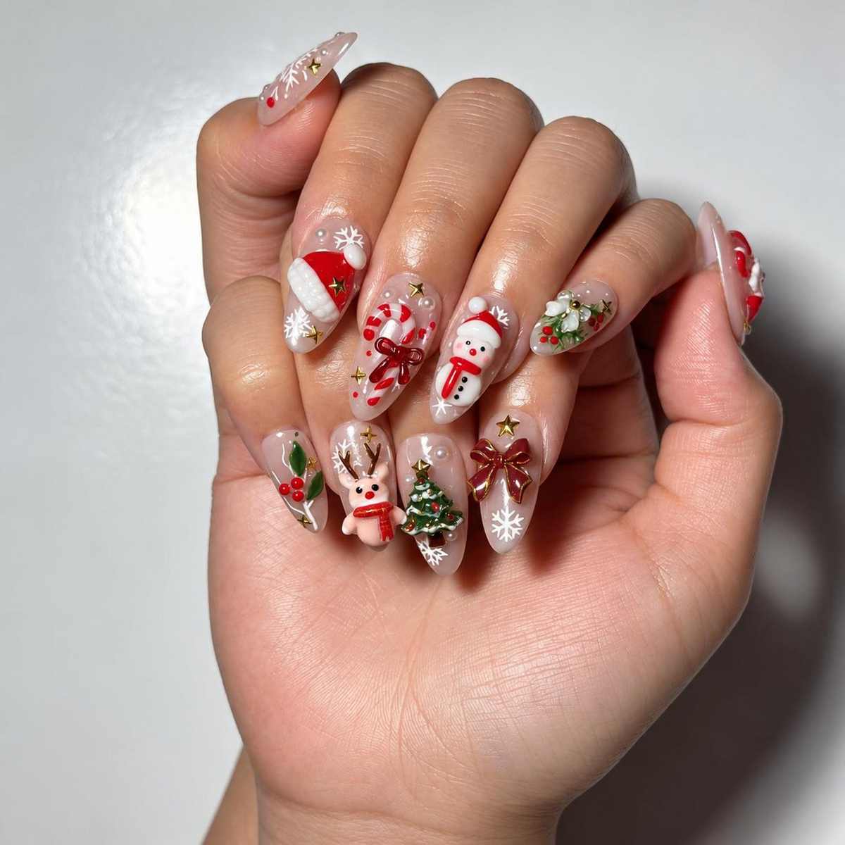 Christmas Press On Nails, 3D Holiday Nails, Santa Snowman Reindeer Nail Art, Long Almond Nails, Cute Handmade Winter Manicure | OB711XT