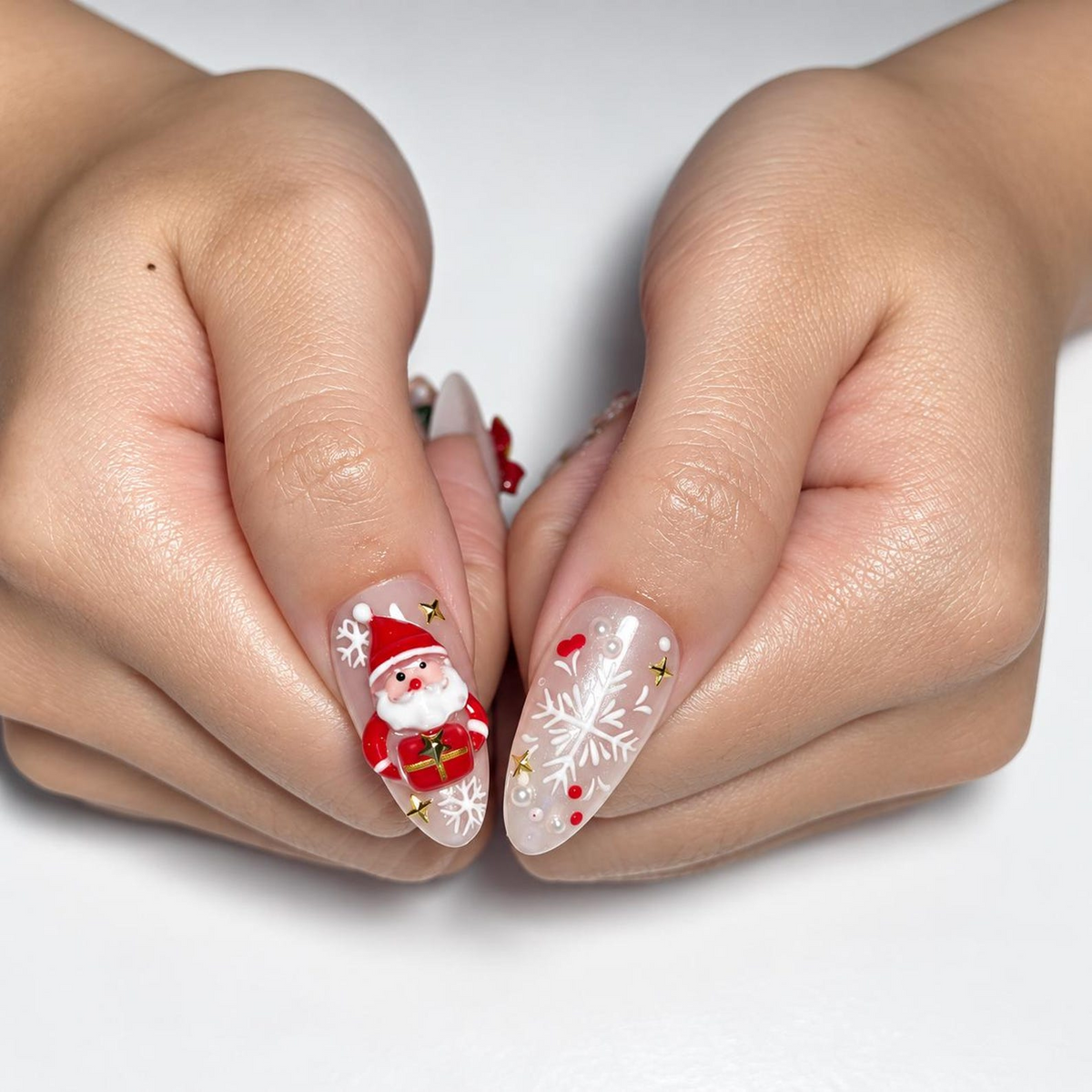 Christmas Press On Nails, 3D Holiday Nails, Santa Snowman Reindeer Nail Art, Long Almond Nails, Cute Handmade Winter Manicure | OB711XT