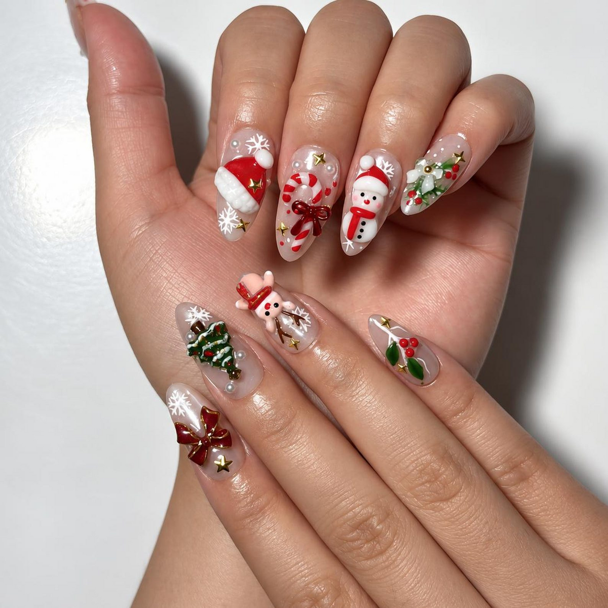 Christmas Press On Nails, 3D Holiday Nails, Santa Snowman Reindeer Nail Art, Long Almond Nails, Cute Handmade Winter Manicure | OB711XT