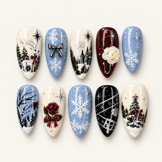 Christmas Winter Press On Nails, Snowflake Nail Art, 3D Roses, Woodland Long Almond Nails | OB722XT