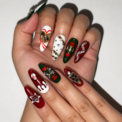 Christmas Winter Press On Nails, 3D Holiday Nail Art, Burgundy Plaid, Snowman, Gingerbread, Long Almond | OB716XT
