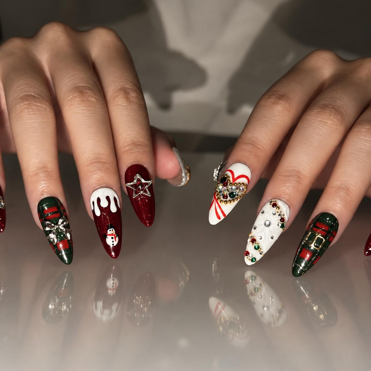 Christmas Winter Press On Nails, 3D Holiday Nail Art, Burgundy Plaid, Snowman, Gingerbread, Long Almond | OB716XT